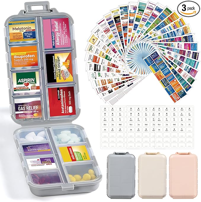 3 Pack 14 Grids Travel Pill Organizer Box with 415-Pcs Medicine Name Labels - Pocket Daily Pharmacy Case Container Kit - Travel Medication Holder Dispenser for Fish Oil Vitamin Supplement Storage