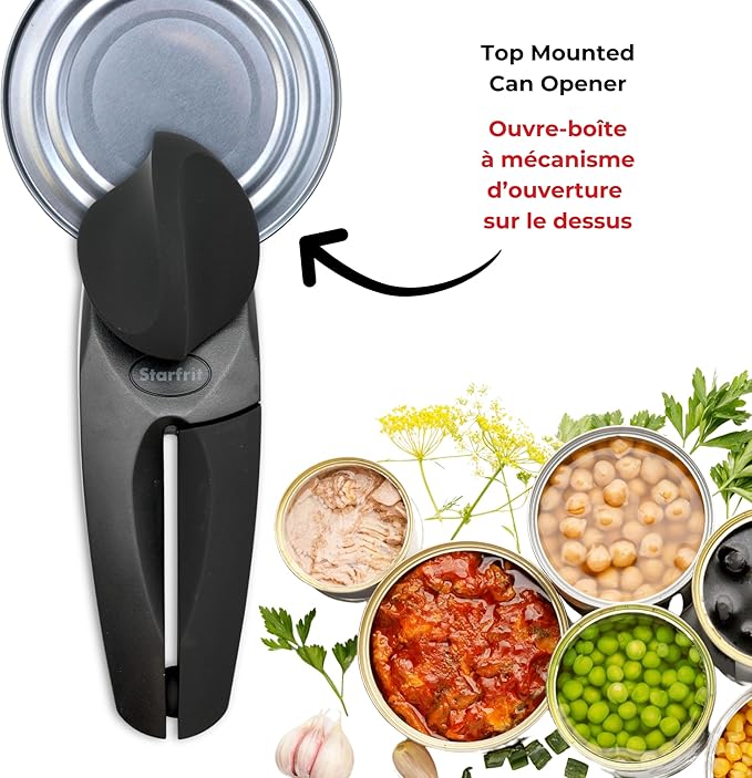 Starfrit MightiCan Can Opener, Safe Smooth-Cut, Comfort Grip, Black | Safe can opener. Holds lid after cutting. No sharp edges. Comfort grip. Non-slip knob. 3-year warranty.