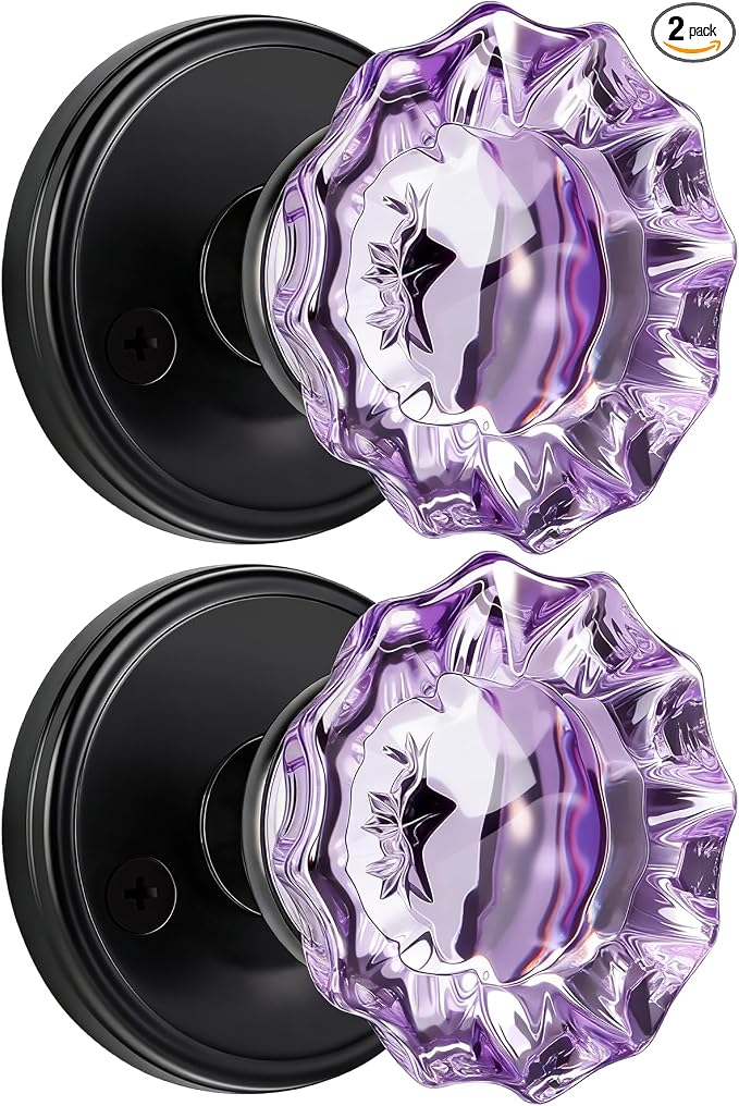Purple Glass Dummy Door Knobs, Crystal Door Knob Single Side | Non-Turning Matte Black Interior Door Knobs for Hall, Closet, Pantry-2 Pack