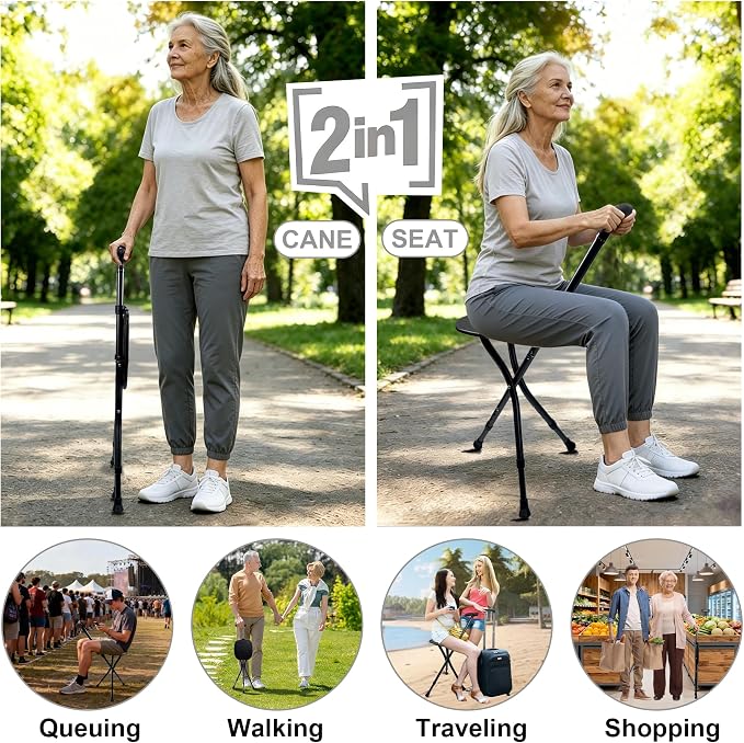 FATTCHIAR Walking Cane with Seat Folding Lightweight Adjustable Cane Chair Foldable for Seniors Portable Seat