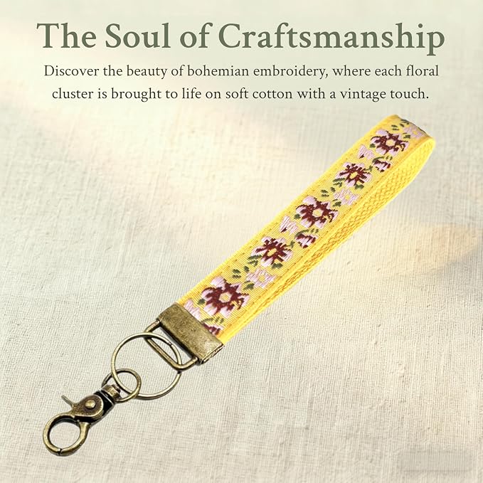 Boho Vintage Embroidered Floral plant Wristlet Keychain for Women | Cute Lanyard&Antique Brass Clasp, Lightweight Hands-Free Key Holder for keys,purses,handbags and daily outdoor use for ladies
