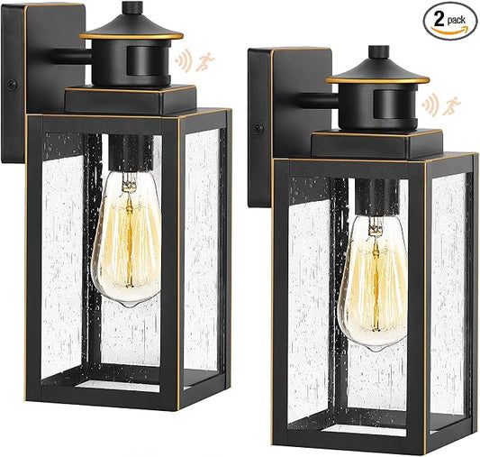 2-Pack Motion Sensor Outdoor Wall Lights, Black with Gold Trim | Auto ON/OFF, 3 Lighting Mode, Waterproof, Rust-Resistant, Durable Metal & Seeded Glass, Easy to Install, Ideal for Front Door