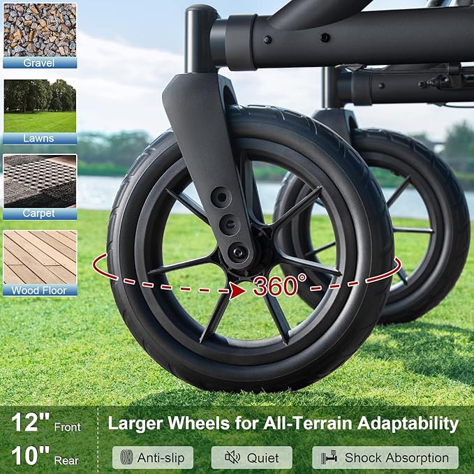 Walkers for Seniors, Rollator Walker with Seat, 12" Big Rubber Wheels All Terrain Rollator Walker with Backrest, Built-in Cable, Cup Holder, Foldable and Height Adjustment for Seniors, Black