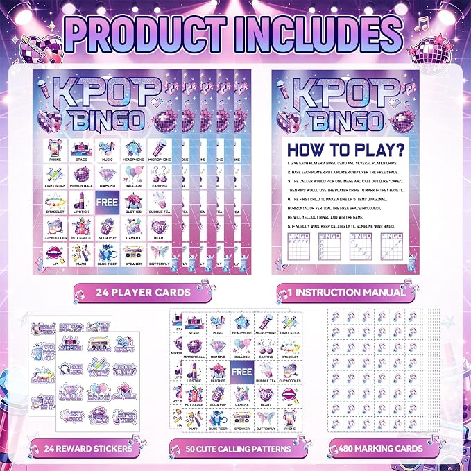 39pcs Kpop Music Party Bingo Game for Adults 24 Players Korean Idol Movie Bingo Cards With Reward Stickers for Family Friend Student Large Group Activities Pink Girl Kpop Music Dance Party Favors