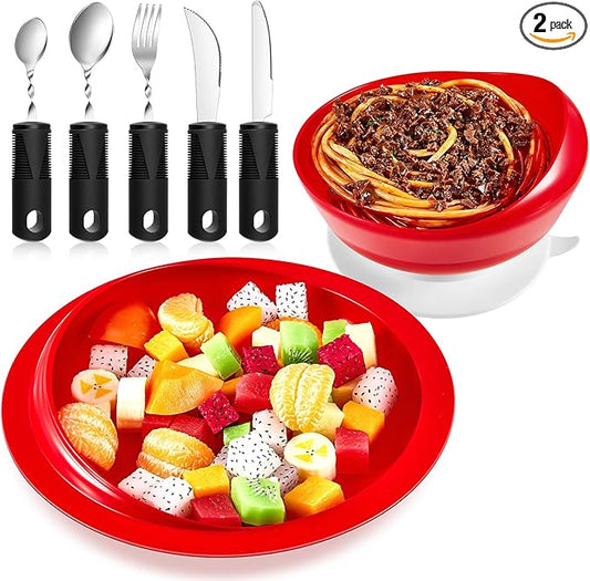 2 Sets Adaptive Utensils Bowl and Plate Set Adaptive Self Feeding Dinnerware with Suction Base Non Slip Bendable Cutlery for Elderly Disabled Hand Tremors Arthritis Parkinson(Red)