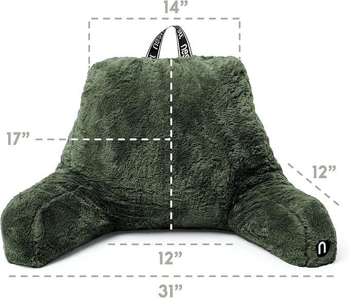 Nestl Fur Reading Pillow with Laptop Lap Desk, Stylish Back Pillow for Sitting Up, Lap Desk with Reading Pillows for Sitting in Bed Adult & Kids, Faux Fur Chair Pillow with Arms - Olive Green
