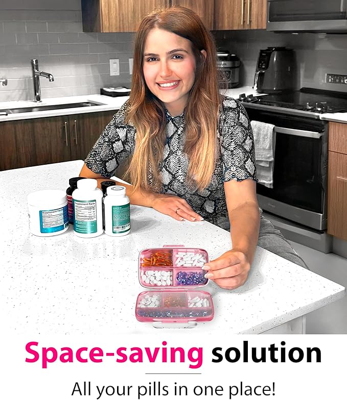 Travel Pill Organizer - Airtight Medicine Case for Traveling Portable Pharmacy Box with Labels Vitamin Container 8 Compartment Supplement Medication Holder Large Capacity Daily (Pink)