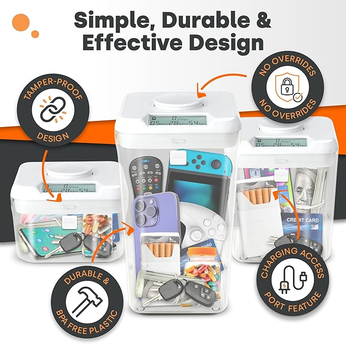 Kitchen Safe Time Locking Container (Medium), Timed Lock Box for Cell Phones, Snacks, and other unwanted temptations (Blue Lid + 5.5” White Base with Access Port)