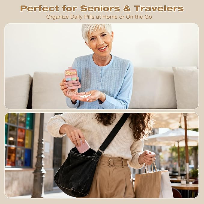 Small Travel Pill Box, Double Layer 7-Compartments Pill Organizer, Portable Weekly Pill Case Container for Pocket, 7 Day Compact Medicine Holder for Vitamins, Fish Oils, Supplements Pink