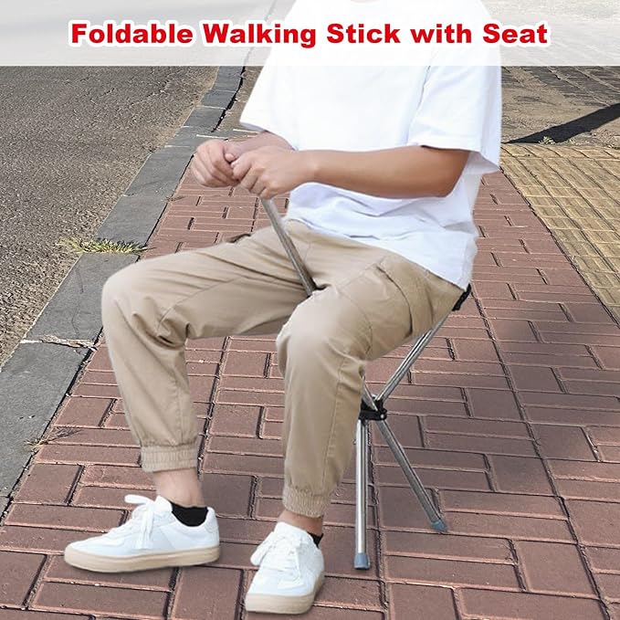 Cane with Chair - 50cm Oxford Cloth Walking Stick, Anti Slip Mobility Aid Stool, Fold Seat for Elderly Adults, Steel Frame Oxford Cloth Support | Portable Travel Hiking Camping Outdoor Convenient