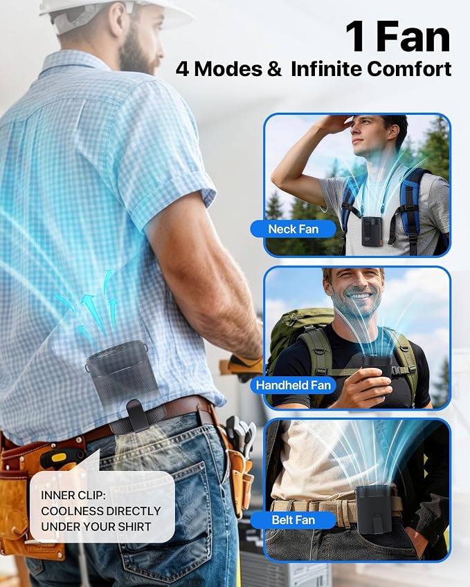2026 AI Portable Waist Fan, 4-Speed Clip on Personal Fan, Up to 25H Wearable Belt Fan, 4-in-1 Cooling Lightweight Hands-Free Neck Shirt Fan Gift for Camping, Outdoor, Jobsite