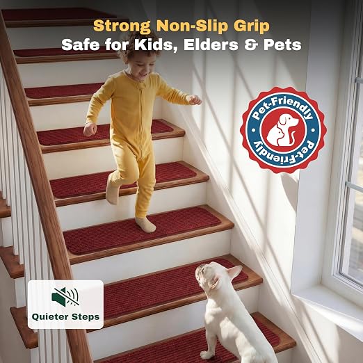MBIGM Carpet Stair Treads for Wooden Steps, 15 Pack, 8" x 30", Red Stripe | Four-layer polyester carpet with PP grid base, nonwoven cushion and TPR adhesive backing adds indoor traction and comfort