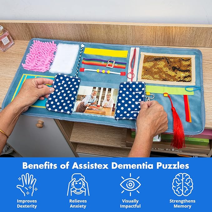 Assistex Fidget Blanket for Adults with Dementia – Sensory Toys for Alzheimer’s Patients, Activity Mat for Seniors with Dementia, Busy Blanket with Sensory Toys for Elderly, with Guide Book