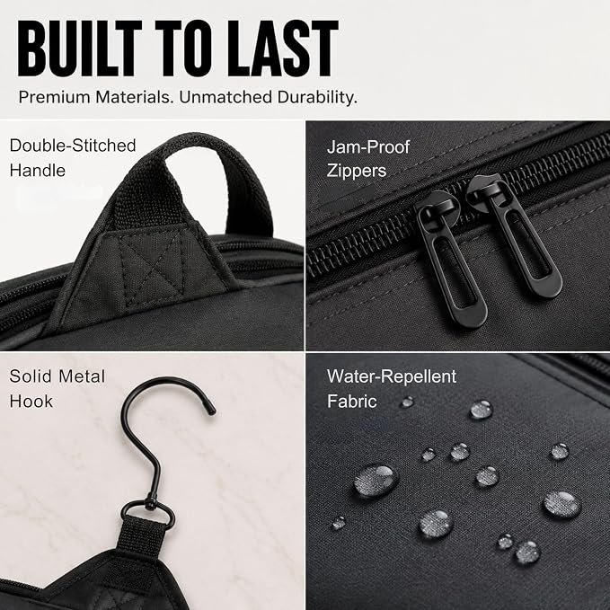 AvaJex Travel Toiletry Bag for Men - Large Dopp Kit (10.6"x10.6"x3.2") - Hanging Waterproof Mens Hygiene Organizer Bag with XXL Metal Swivel Hook, Sturdy Zippers and 19 Compartments for Toiletries