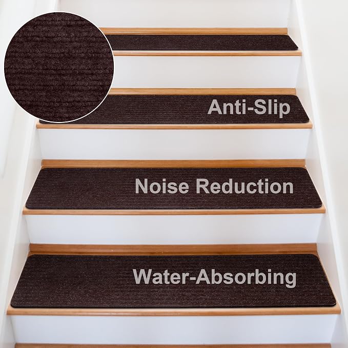 7 PCS Non Slip Stair Treads for Wooden Steps – 8"x30" Indoor Non Slip Stair Treads, Carpet Stair Mats with Self-Adhesive Backing, Removable & Machine Washable – Brown