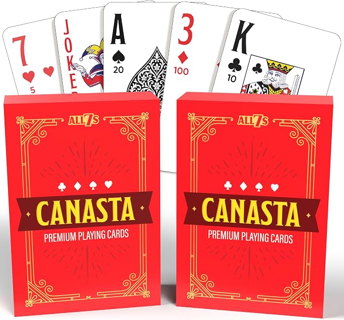 All7s Canasta Playing Cards 2-Pack - 2 Deck Set with Point Values - Jumbo Index Playing Cards for Adults and Seniors - Standard Edition | Jumbo Index, Point Values - Large Print for Seniors - Linen-Textured Finish
