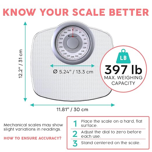 Adamson A25 Scales for Body Weight - Up to 400 LB - 5.3" Dial on 12.4" x 10.2" Platform - Anti-Skid Rubber Surface - High Precision Bathroom Scale Analog - Durable with 20-Year Assurance - Full White
