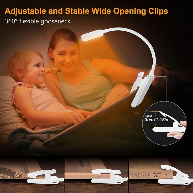 Gritin 16 LED Rechargeable Book Light for Reading in Bed | Eye Caring 3 Color Temperatures, Stepless Dimming Brightness, 80 Hrs Runtime, Lightweight Flexible Clip on Light-White