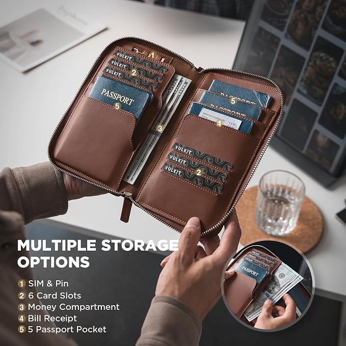VULKIT Family Passport Holder for 4 Passports, RFID Blocking Travel Wallet | 6 Card Slots, 2 SIM Pockets, Secure Zipper Closure, Holds 4 Passports, Family Travel Essential