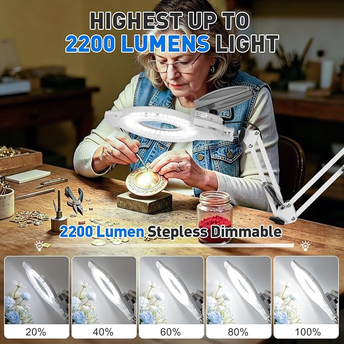 KIRKAS 12X LED Magnifying Lamp with Clamp, 2,200 Lumens Dimmable Bright | 35in Adjust Swivel Arm Magnifying Glass with Light for Repair Reading Craft Needlework Workbench Magnifier Dust Cover White