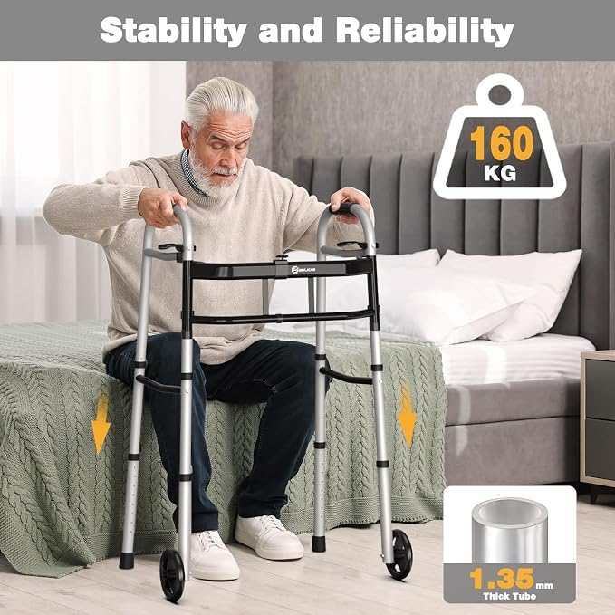 WHLICKS Folding Walkers for Seniors, Lightweight Aluminum Walker with 5'' Front Wheels and 2 Skis, Height Adjustable Standard Walker for Elderly and Disabled, Stable Frame up to 350 lbs