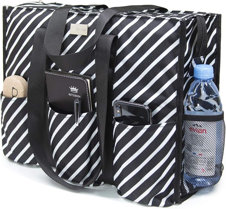 TOPDesign Utility Water Resistant Tote Bag with 13 Pockets, Top Zipper Closure & Thick Bottom Support, for Working Women