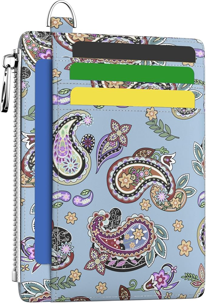 Hancynir Boho Floral Slim Wallet Women Credit Card Holder, RFID Small | Zipper Pocket Wallet, Thin Travel Coin Purse, Ladies Women Gifts, Minimalist Card Case, 6 Card Slots, ID Window, PU Leather