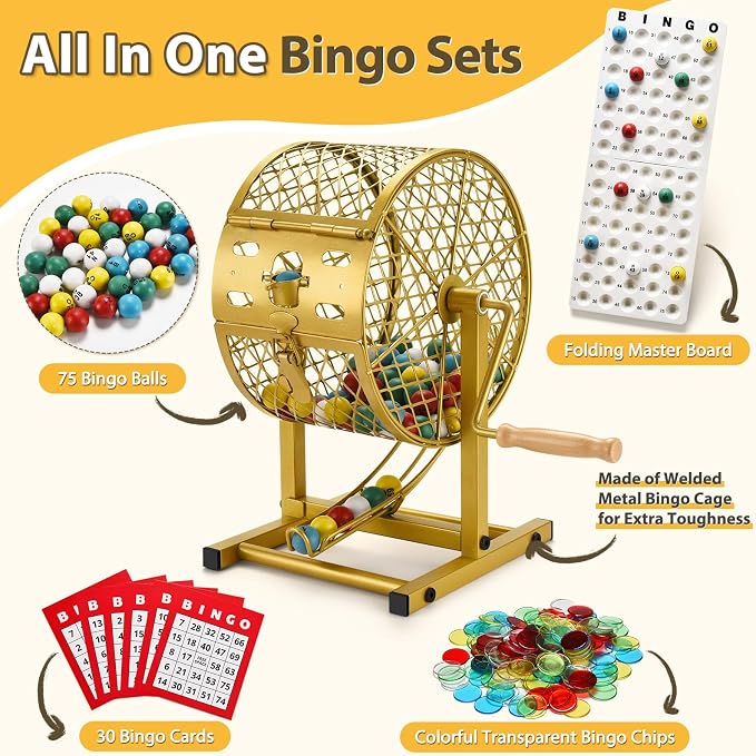 AugFir 12.6" Tall Bingo Game Sets with Steel Cage, Professional Bingo Game for Adults Includes 150 Colorful Chips, 30 Cards and 75 Balls, Great for Fun Family, Large Groups, Parties