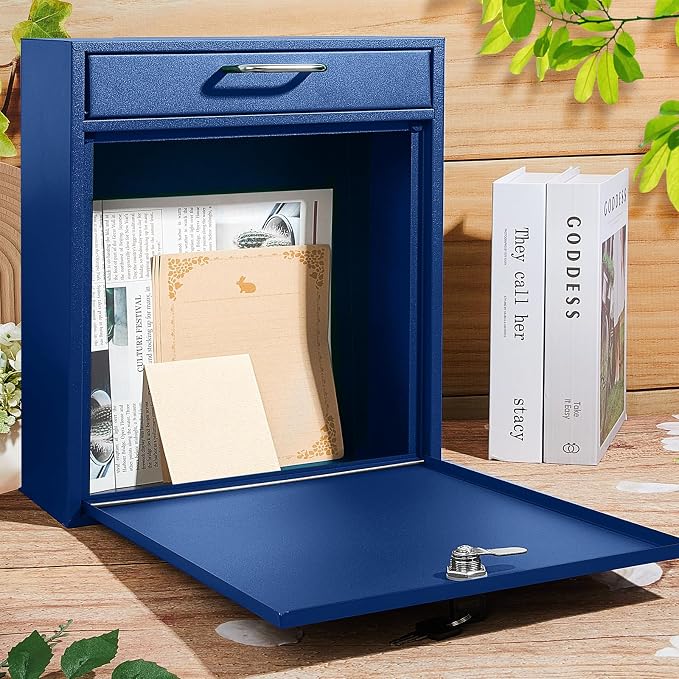 Yaocom Locking Mailbox with Key for Outdoor 12 x 10.5 x 4.7 Inches Large Wall Mount Mail Box with Lock Security Mail Drop Metal Collection Boxes Hanging Secure Postbox(Dark Blue)