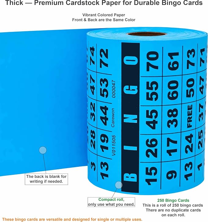 250 Bingo Cards, Large 4.5 x 4.5 Inch, Blue, Paper Bingo Sheets | 8 Color Options, Premium Cardstock, Disposable with Daubers or Reusable with Chips — Proudly Made in USA