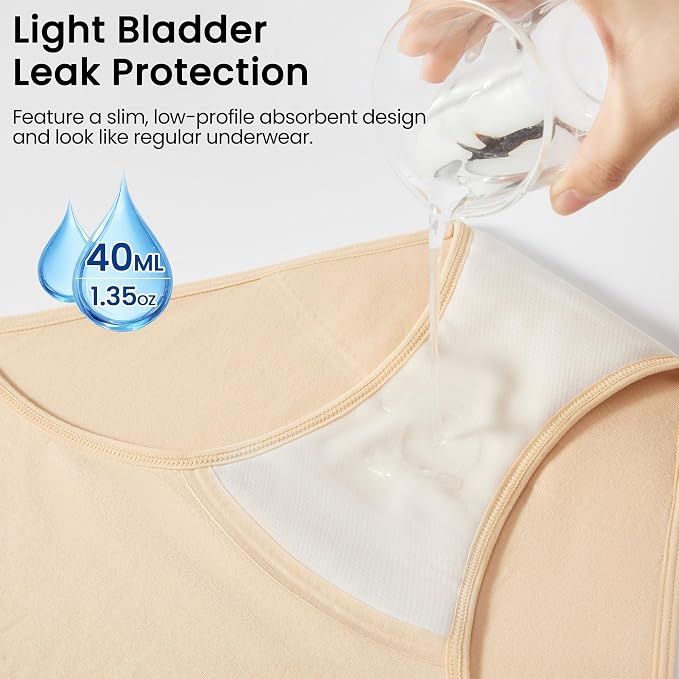 Battewa Leak Proof Underwear for Women 40ml Absorbency 3Beige M | mid-waist panties,reusable,bladder leak protective briefs,pee proof,waterproof,40ml absorbent for Light to moderate leaks