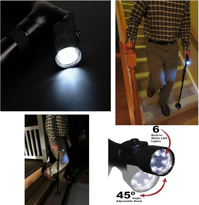 Folding Cane with Led Light, Adjustable Canes for Men and Women, Walking Stick for Elderly with Cushion Handle and Pivoting Quad Base for Hiking Mountain Climbing Backpacker…