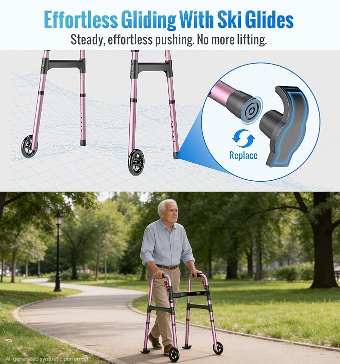 HOMLAND Standard Walkers for Seniors, 6.5lb Lightweight Foldable Walker | One-Hand Folding, 8 Height Adjustments, 350lb Capacity, Easy to Assemble, 2 Skis, 5" Wheels, Aluminum Frame, Rose Red