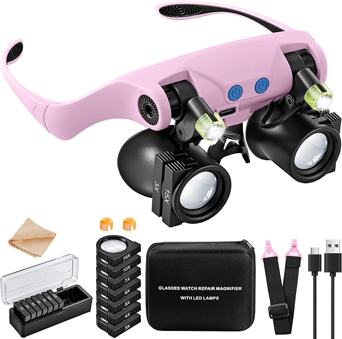 JARLINK Magnifying Glasses with LED Light, Hands Free Magnifier with 14 Interchangeable Lenses 3X 4X 5X 6X 7X 10X 15X, Magnifying Glasses for Close Work, Crafts, Jewelry, Electronics Repair (Pink)