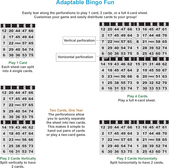 100 Bingo Cards, Large 4.5 x 4.5 Inch, White, Paper Bingo Sheets | 8 Color Options, Premium Cardstock, Disposable with Daubers or Reusable with Chips — Proudly Made in USA