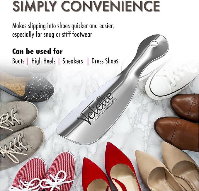 Velette Metal Shoehorn - 2 Pack 7.5" Long Shoe Horn, Travel Shoe Horn for Kids, Men & Women - Shoes Helper, Spoon, Travel Size Shoehorn for Boots, Shoes, Sneakers, Heels and More