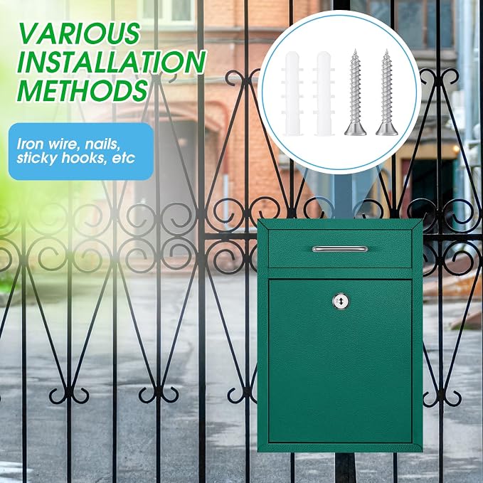 Yaocom Locking Mailbox with Key for Outdoor 12.2 x 8.5 x 3 Inches Large Wall Mount Mail Box with Lock Security Mail Drop Metal Collection Boxes Hanging Secure Postbox(Green)