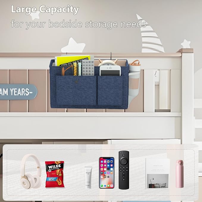 Bedside Caddy Bedside Storage Hanging Organizer for Bunk Dorm Bed Rail | Bed Caddy with Hooks, Top Bunks and Dorm Essentials for Water, Tissues, Tablets, Books, Phones, Remotes and Other Necessories