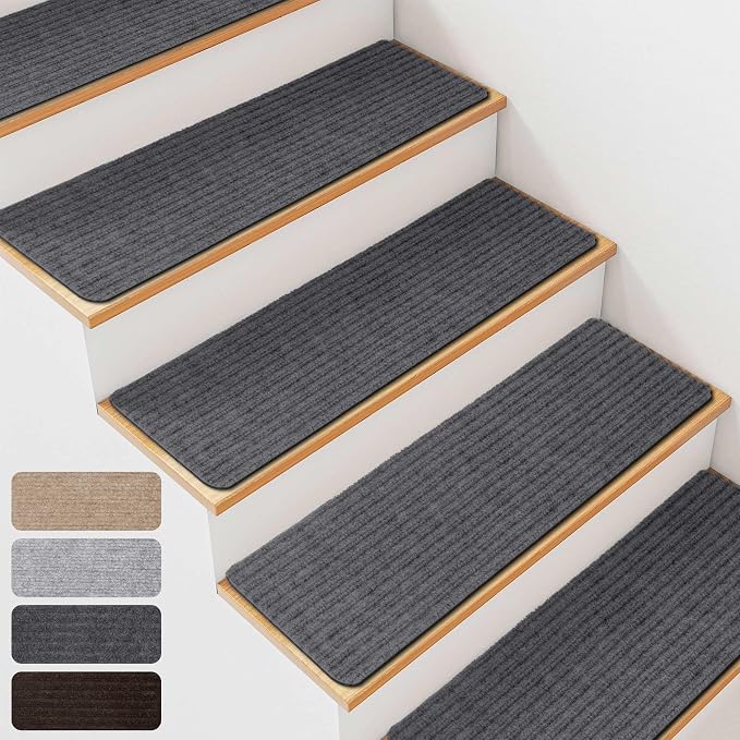 7 PCS Non Slip Stair Treads for Wooden Steps – 8"x30" Indoor Non Slip Stair Treads, Carpet Stair Mats with Self-Adhesive Backing, Removable & Machine Washable – Dark Grey