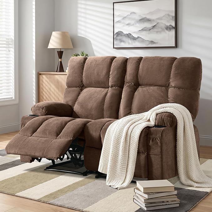 Oversized Fabric Reclining Loveseat Sofa for Living Room with Cup Holders | 2-seat recliner sofa with side pockets, padded seats and adjustable footrests for home theater, family room and relaxation