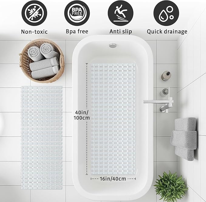 XIYUNTE Shower Mat Non Slip Bath Mat for Tub - 40 X 16 Inch PVC Bathtub Mat Non Slip Shower Mats for Inside Shower, Bath Tub Mat with Powerful Suction Cup, Easy to Cut and Dry, Clear