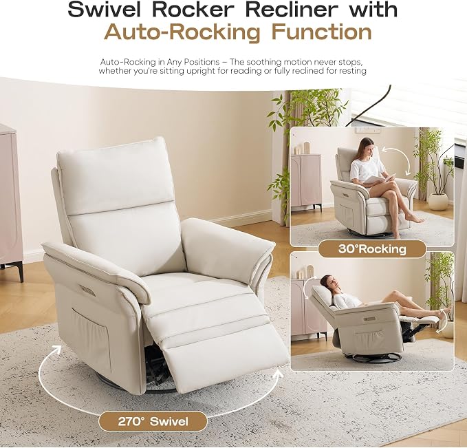 Power Nursery Recliner with Auto Rocking,Oversized Swivel Rocker Recliner with Massage and Heat,Glider Recliner Nursery Chair with Adjustable Headrest for Living Room and Bedroom,Faux Leather，Beige