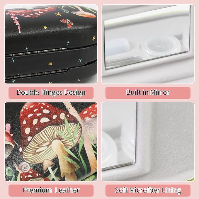 2 in 1 Contact Lens Case and Eyeglasses Case for Women Men Kids, Double Sided Hard Shell Portable Glasses Travel Holder with Built-in Mirror, Contact Lens Box Storage Kit (Black Mushroom)