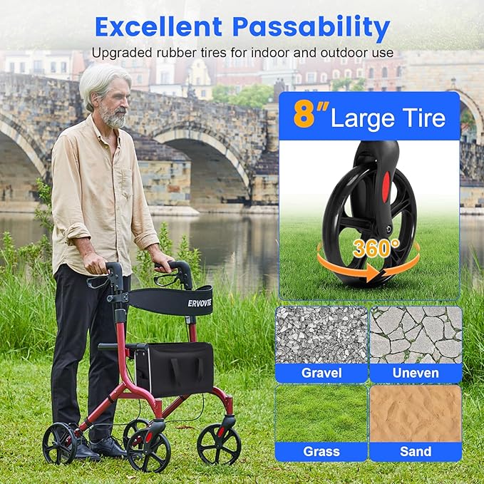 Walker with Seat for Seniors, Folding Lightweight Rollator Walker with Dual Brakes for Safety, 8" Big Wheels for All Terrain, Adjustable Height and 300 lbs Capacity
