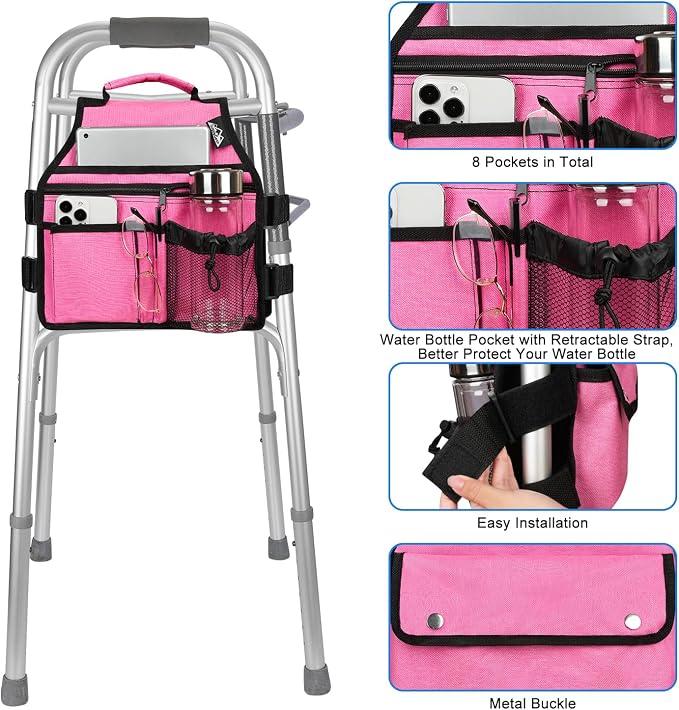 supregear Walker Side Bag, Storage Pouch w/Cup Holder for Folding Walker, Waterproof Caddy Basket for Side Bar Accessory Attachment for Seniors Elderly, Double Sided Organizer