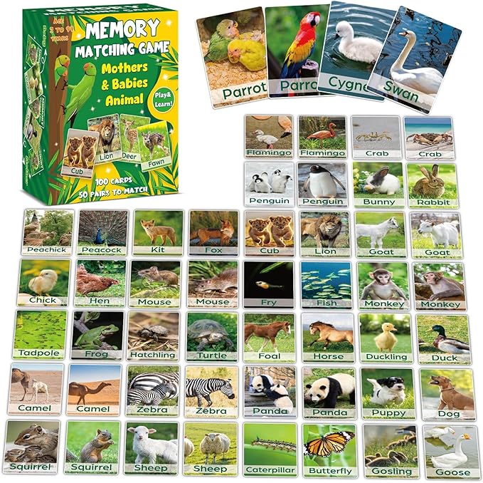 gisgfim 100 PCS Memory Matching Game Adult & Baby Animal Memory Games Educational Matching Game for Kids and Adults A Fun & Fast Animal Memories Games Toddlers Preschool Family Board Gift