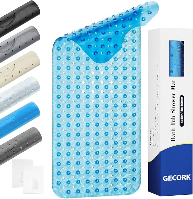 Non Slip Bathtub Mat for Tub & Shower, Machine Washable 40"x16" Anti Slip Bath Mat with 2 Hooks, Soft & Comfortable and Extra Largefor Families, Clear Blue