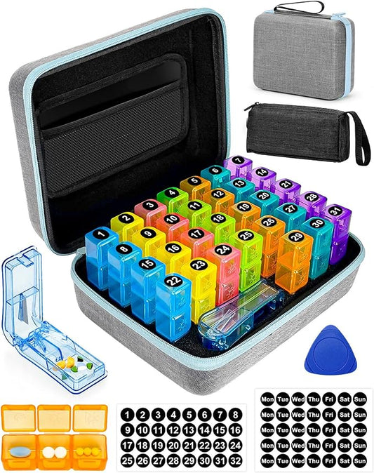 Monthly Pill Organizer 2 Times a Day with Weekly Pill Bags, Portable Hard Shell Case, Pill Cutter & Opener Pick, Monthly and Weekly Stickers for Medication Management (Blue, 3 Times a Day)