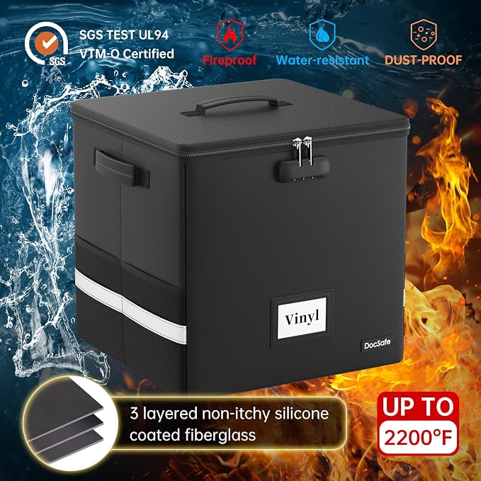 DocSafe 5200°F Large Fireproof＆Wate-Resistant Document Bag, Vinyl Record Storage Box with Lock