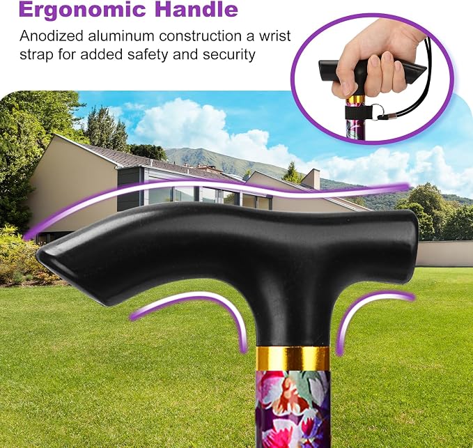 MFE Folding Cane, Portable 5-Level Adjustable Height Walking Stick with Foldable Design, Wrist Strap, and T Handle for Men and Women
